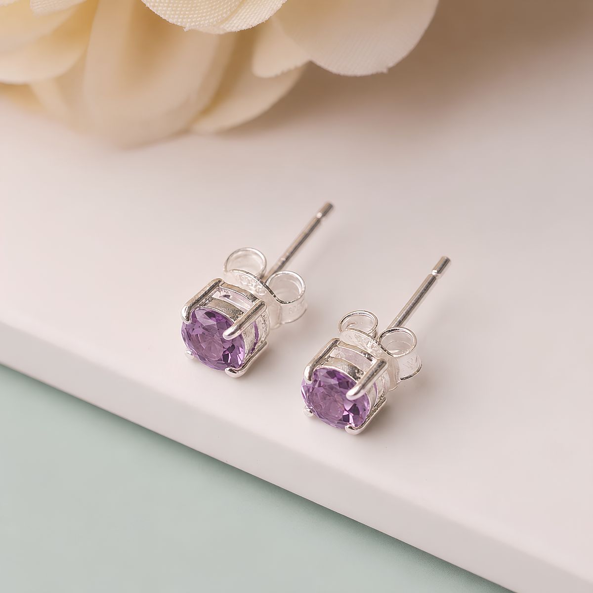 Amethyst Round Studd Earring Silver