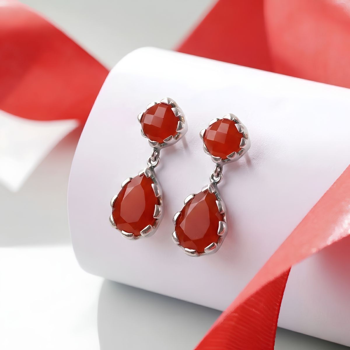 BRACELET (24) red carnelian double stone silver earring
