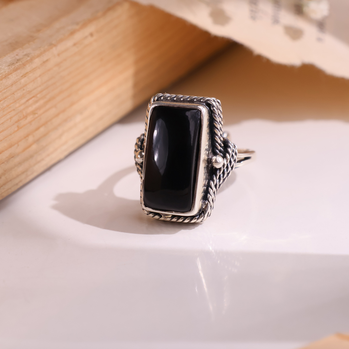 Black Tourmaline Rectangle Shape desing Silver Ring-Shubhanjali store (1) black tourmaline rectangle shape desing silver ring