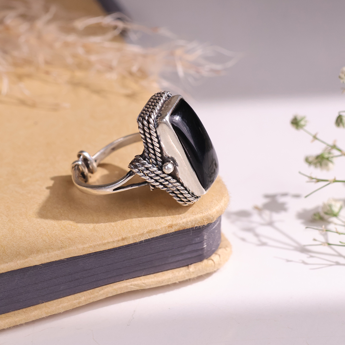 Black Tourmaline Rectangle Shape desing Silver Ring