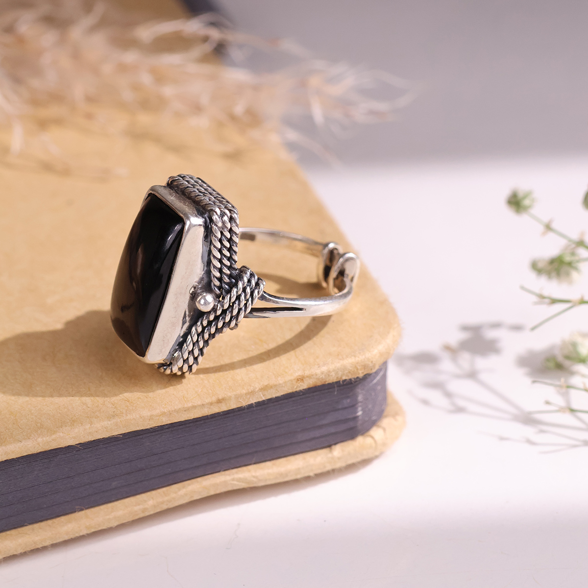 Black Tourmaline Rectangle Shape desing Silver Ring-Shubhanjali store (3) black tourmaline rectangle shape desing silver ring