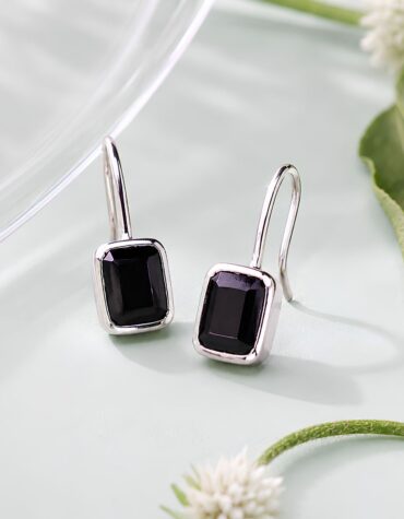 black tourmaline rectangle silver earring