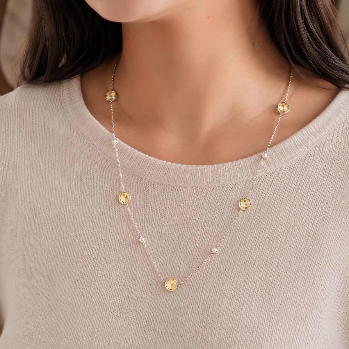 Citrine Coin Faceted Round Beads Necklace Silver-Shubhanjali citrine coin faceted round beads necklace silver