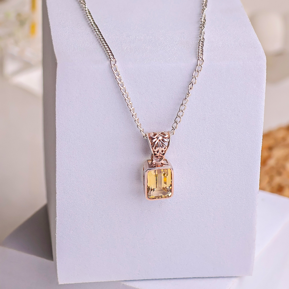 Citrine Rectangle Silver Pendant-Shubhanjali Store (2) citrine rectangle silver pendant