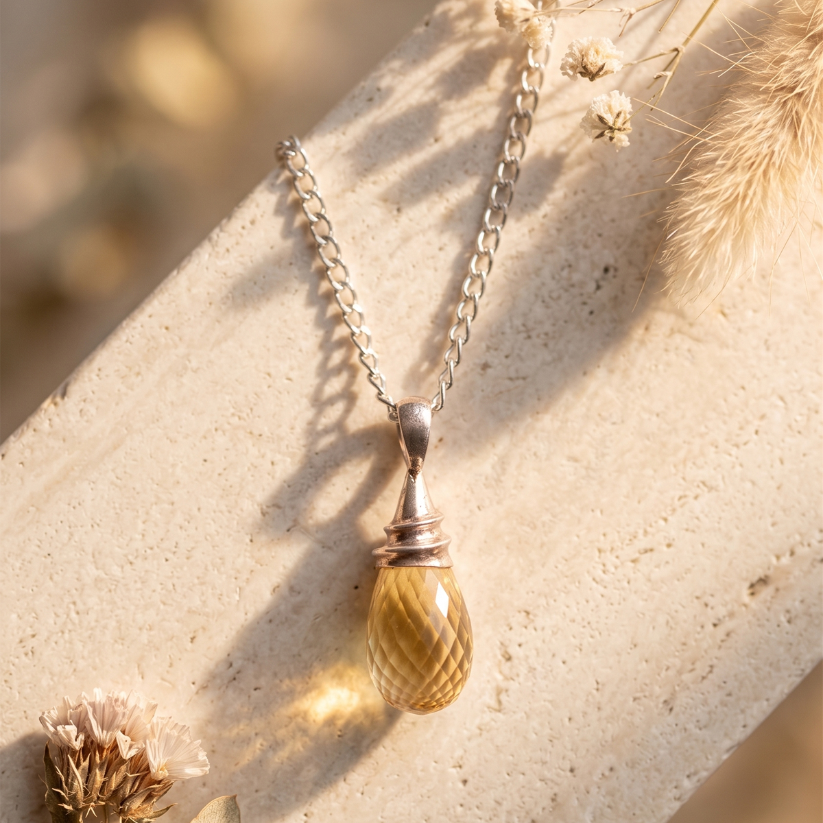 Citrine Tear Drop Faceted Silver Pendant