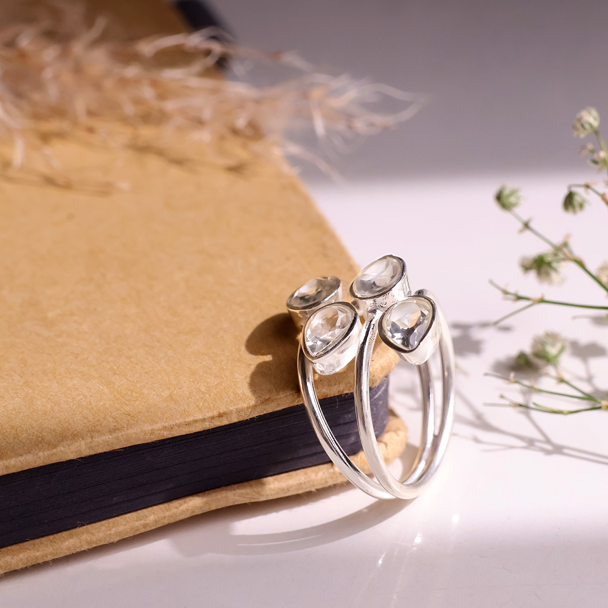 Clear Quartz 4 Stone Ring Silver
