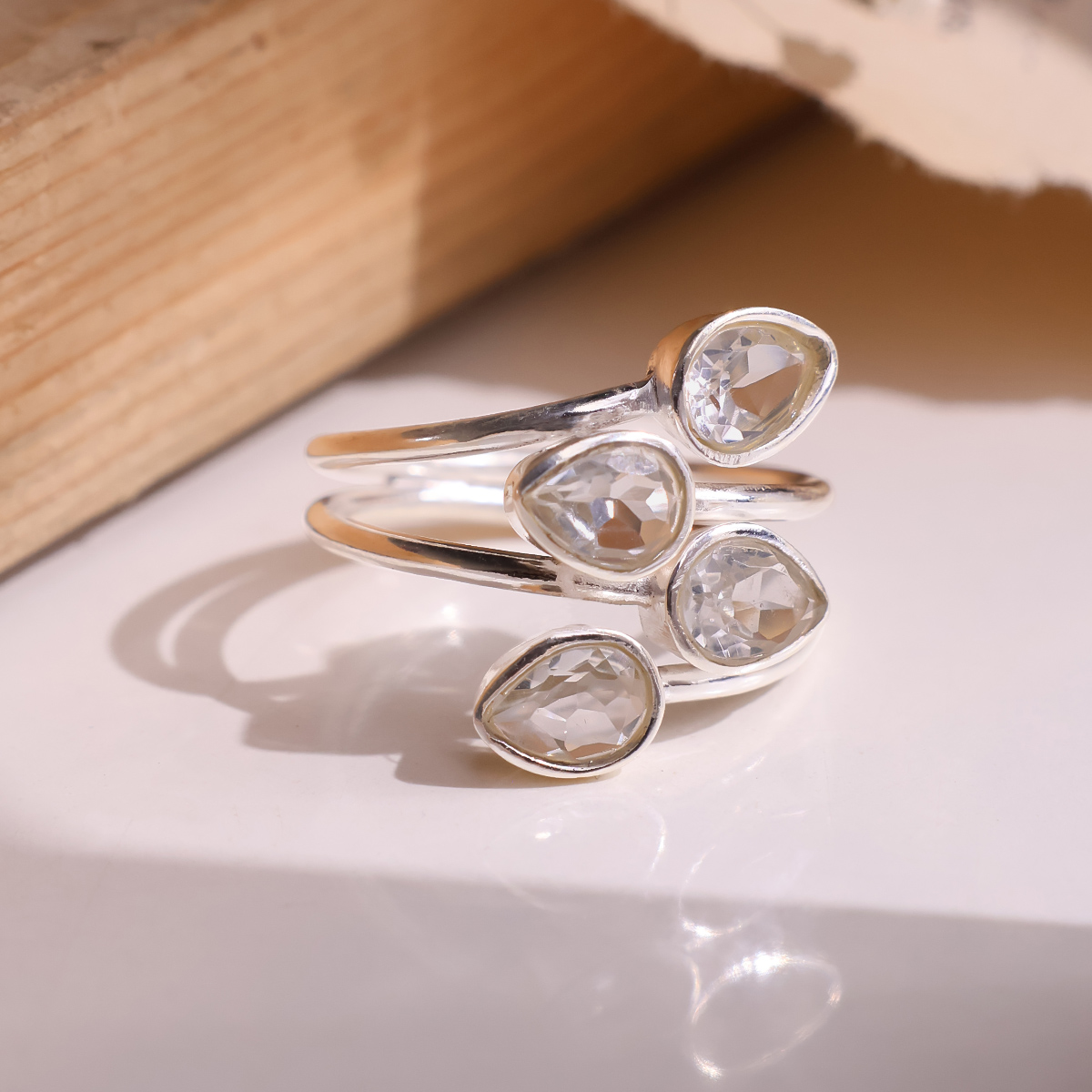 Clear Quartz 4 Stone Ring Silver-Shubhanjali Store (4) clear quartz 4 stone ring silver