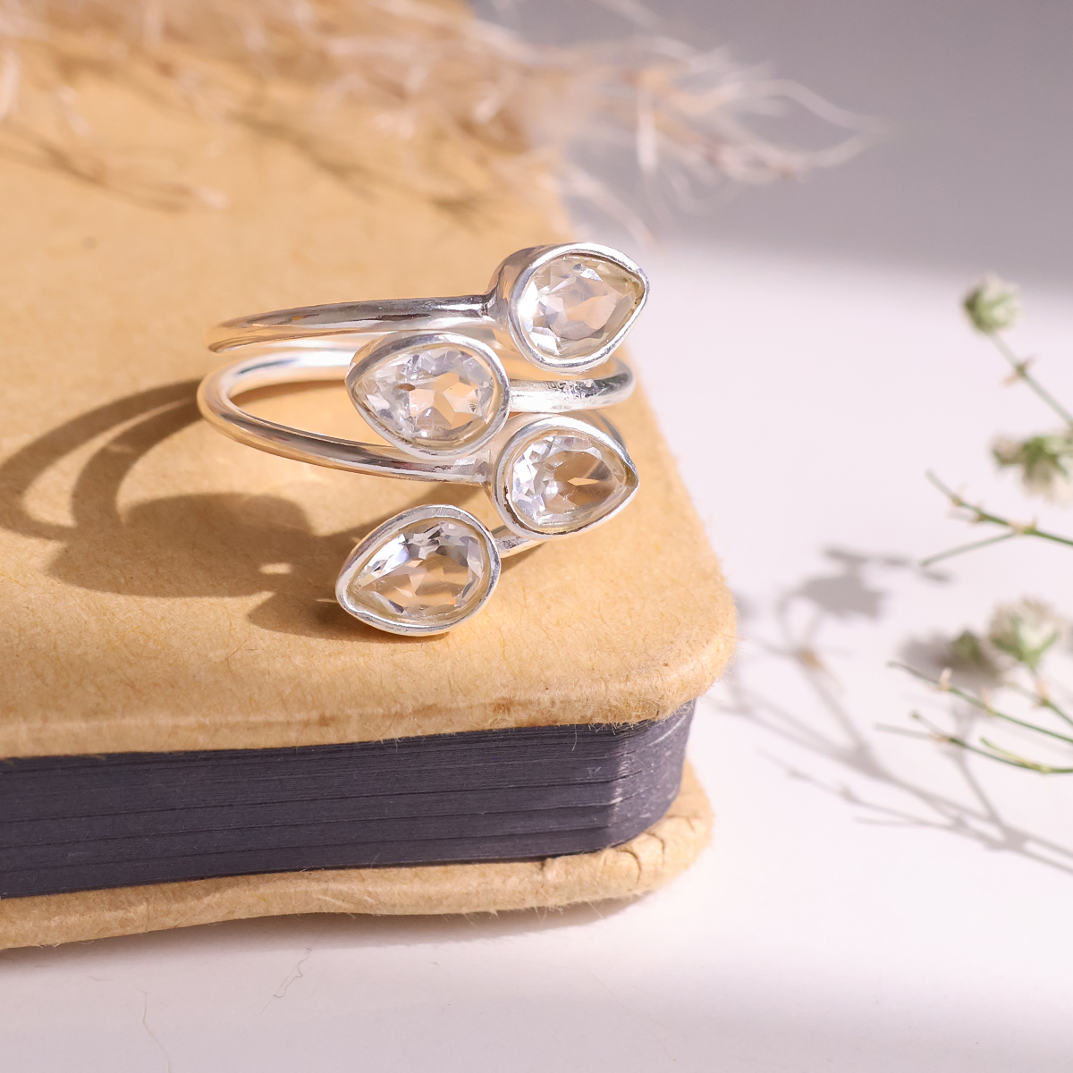 Clear Quartz 4 Stone Ring Silver-Shubhanjali Store (5) clear quartz 4 stone ring silver