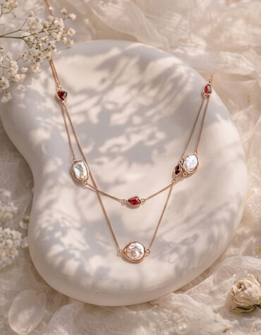 mother of pearl & garnet double layer necklace silver