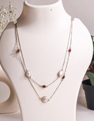 mother of pearl & garnet double layer necklace silver