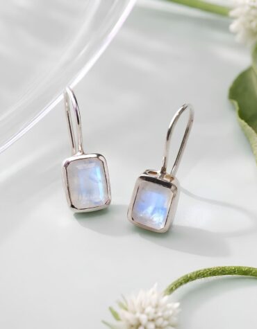rainbow moonstone rectangle silver earring