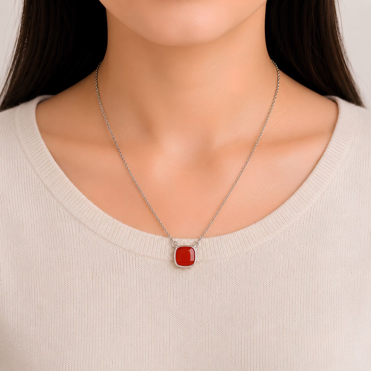 Red Carnelian Square Shape Single Stone Necklace Silver-Shubhanjali Store (1) red carnelian square shape single stone necklace silver