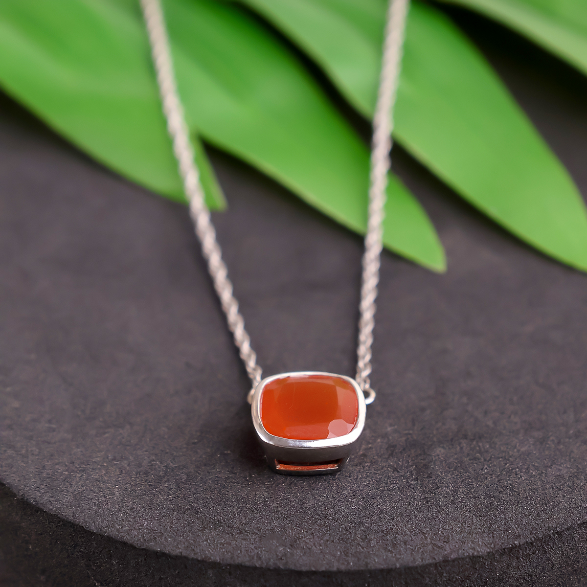 Red Carnelian Square Shape Single Stone Necklace Silver-Shubhanjali Store (2) red carnelian square shape single stone necklace silver