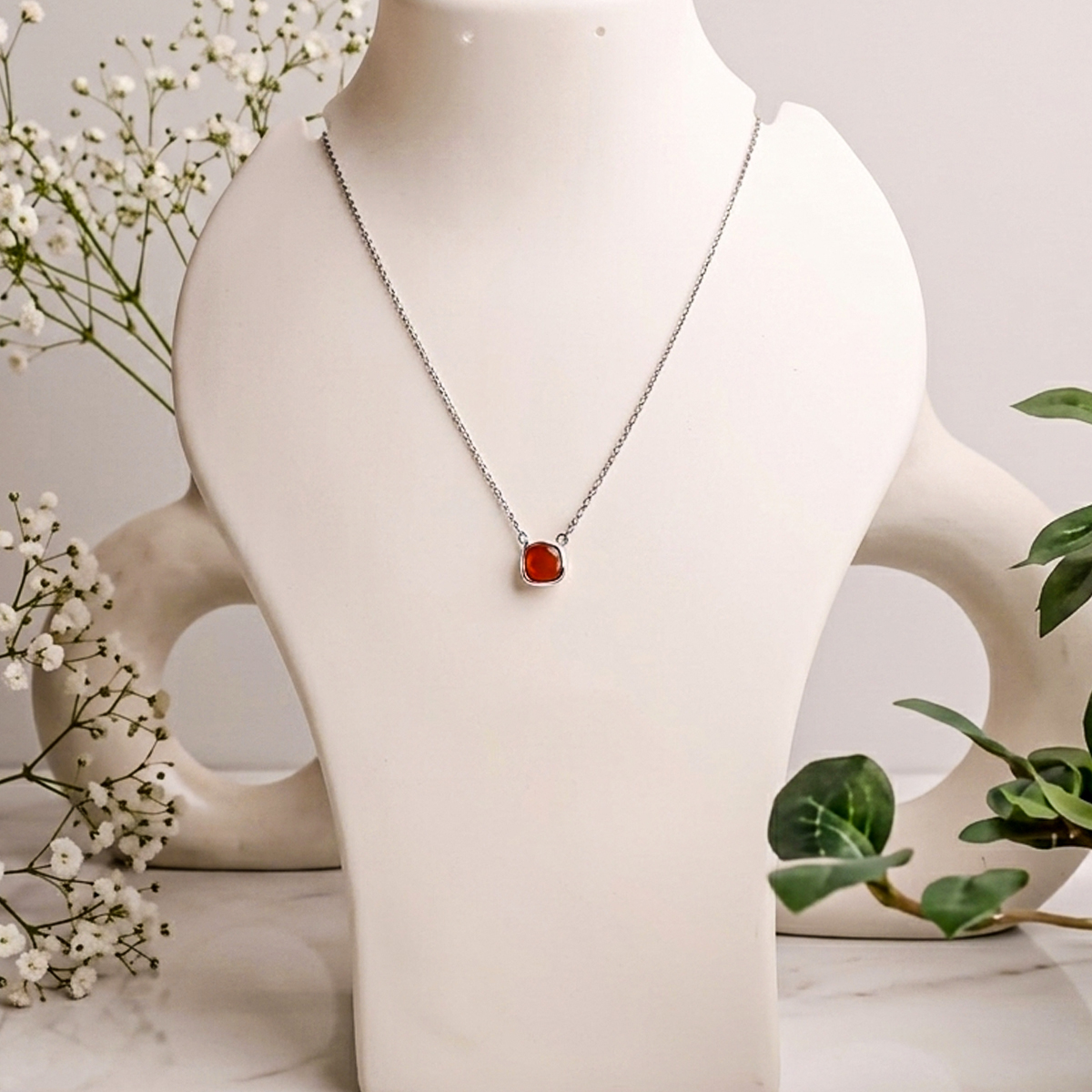 Red Carnelian Square Shape Single Stone Necklace Silver-Shubhanjali Store (4) red carnelian square shape single stone necklace silver