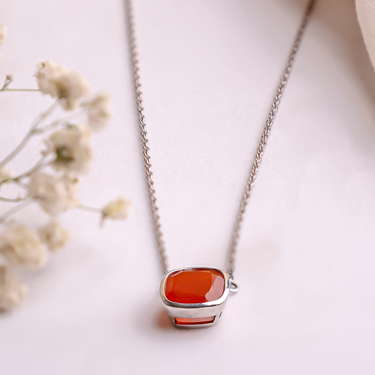 Red Carnelian Square Shape Single Stone Necklace Silver-Shubhanjali Store (5) red carnelian square shape single stone necklace silver