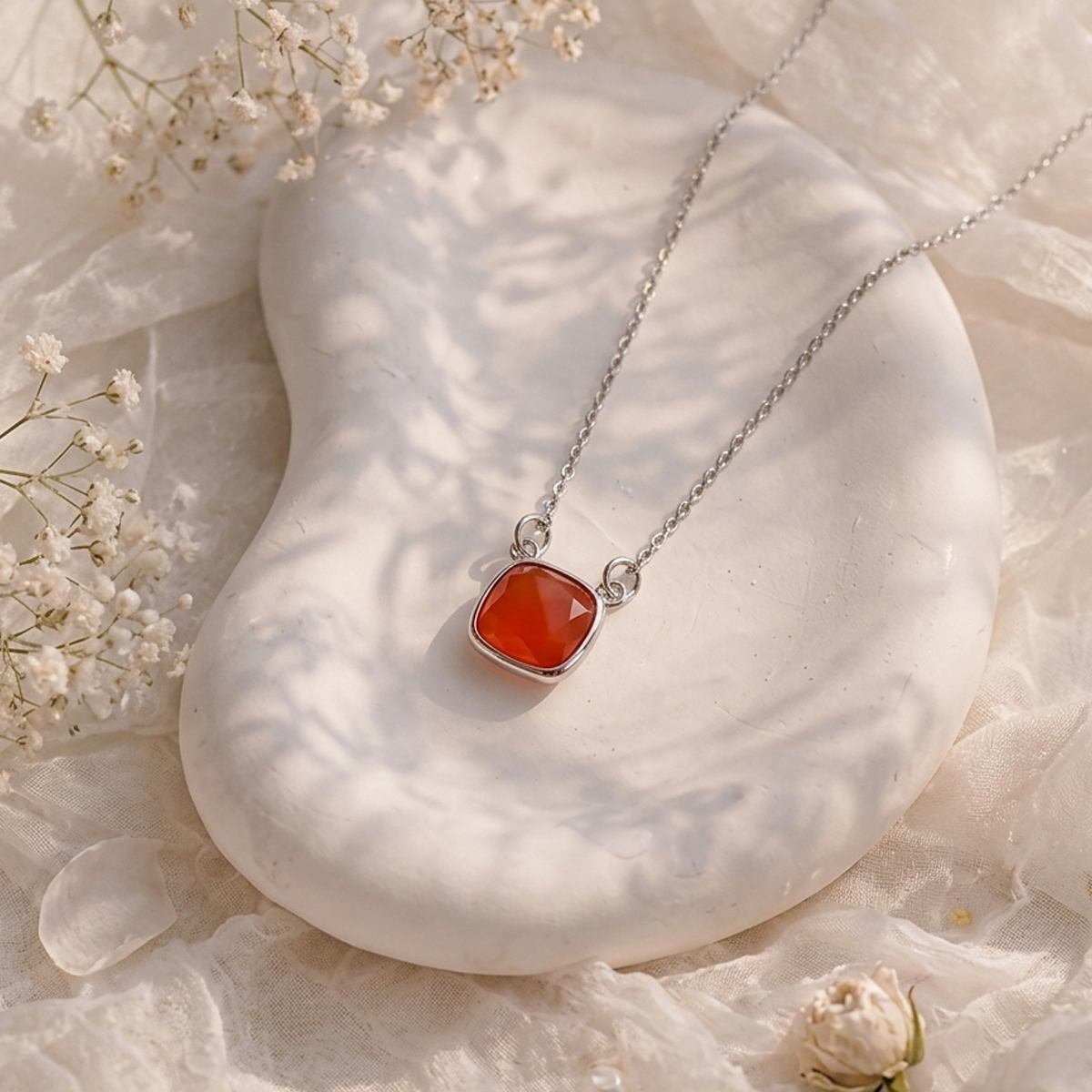 Red Carnelian Square Shape Single Stone Necklace Silver-Shubhanjali Store (6) red carnelian square shape single stone necklace silver