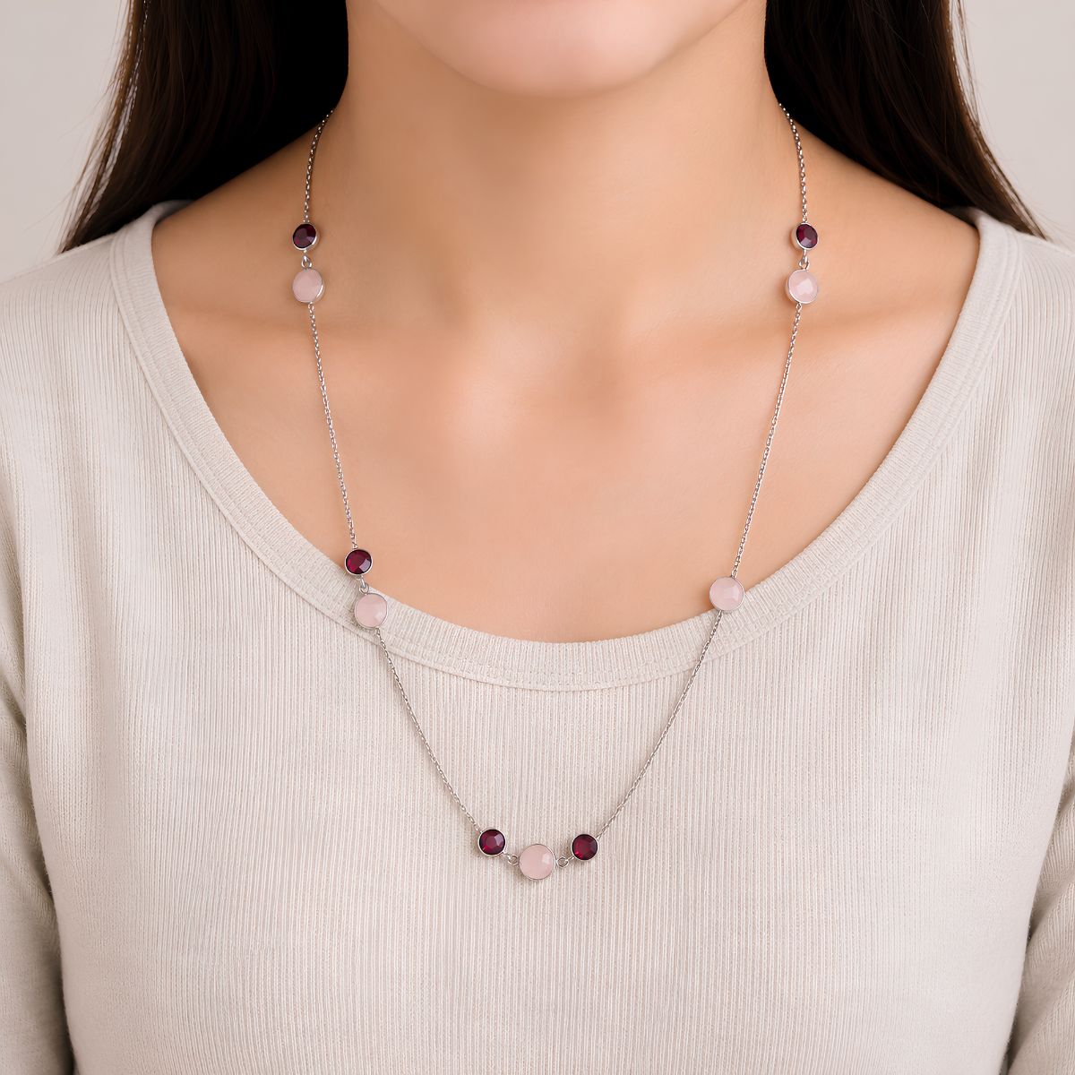 Rose Quartz & Garnet Coin Faceted Round Beads Necklace Silver-Shubhanjali Store (1) rose quartz & garnet coin faceted round beads necklace silver