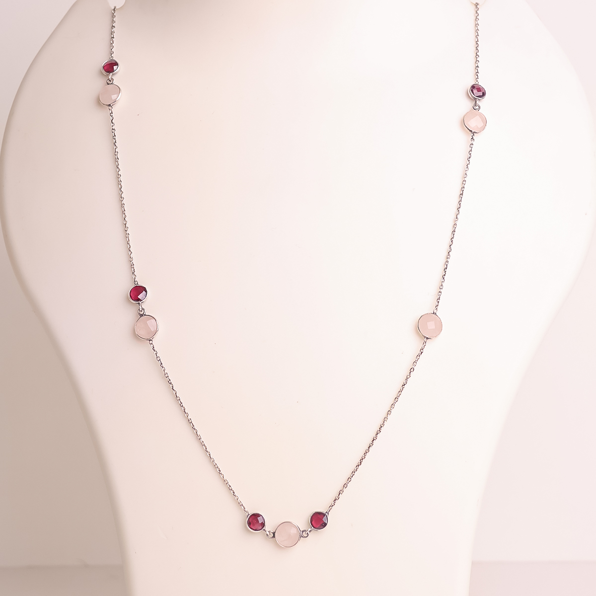 Rose Quartz & Garnet Coin Faceted Round Beads Necklace Silver-Shubhanjali Store (3) rose quartz & garnet coin faceted round beads necklace silver
