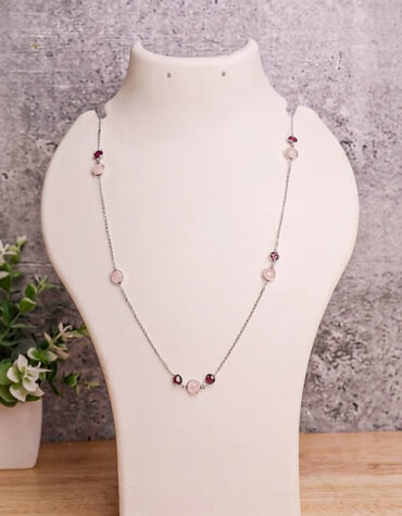 rose quartz & garnet coin faceted round beads necklace silver