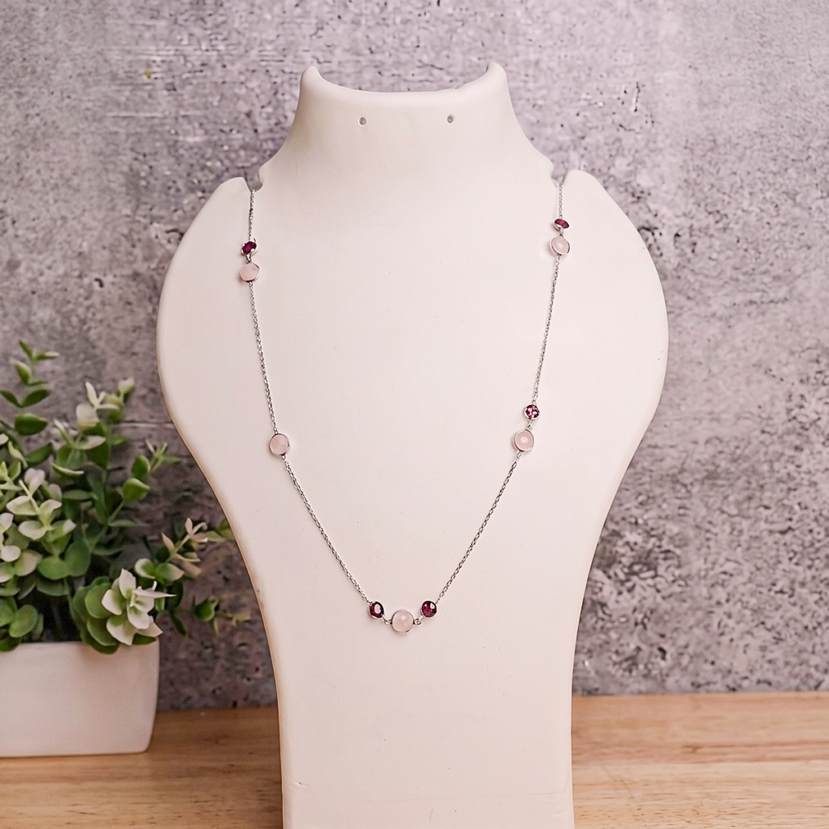 Rose Quartz & Garnet Coin Faceted Round Beads Necklace Silver-Shubhanjali Store (4) rose quartz & garnet coin faceted round beads necklace silver