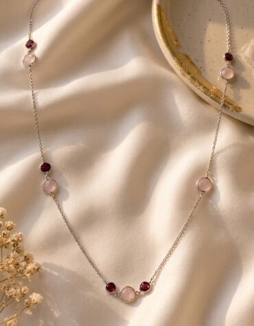 rose quartz & garnet coin faceted round beads necklace silver