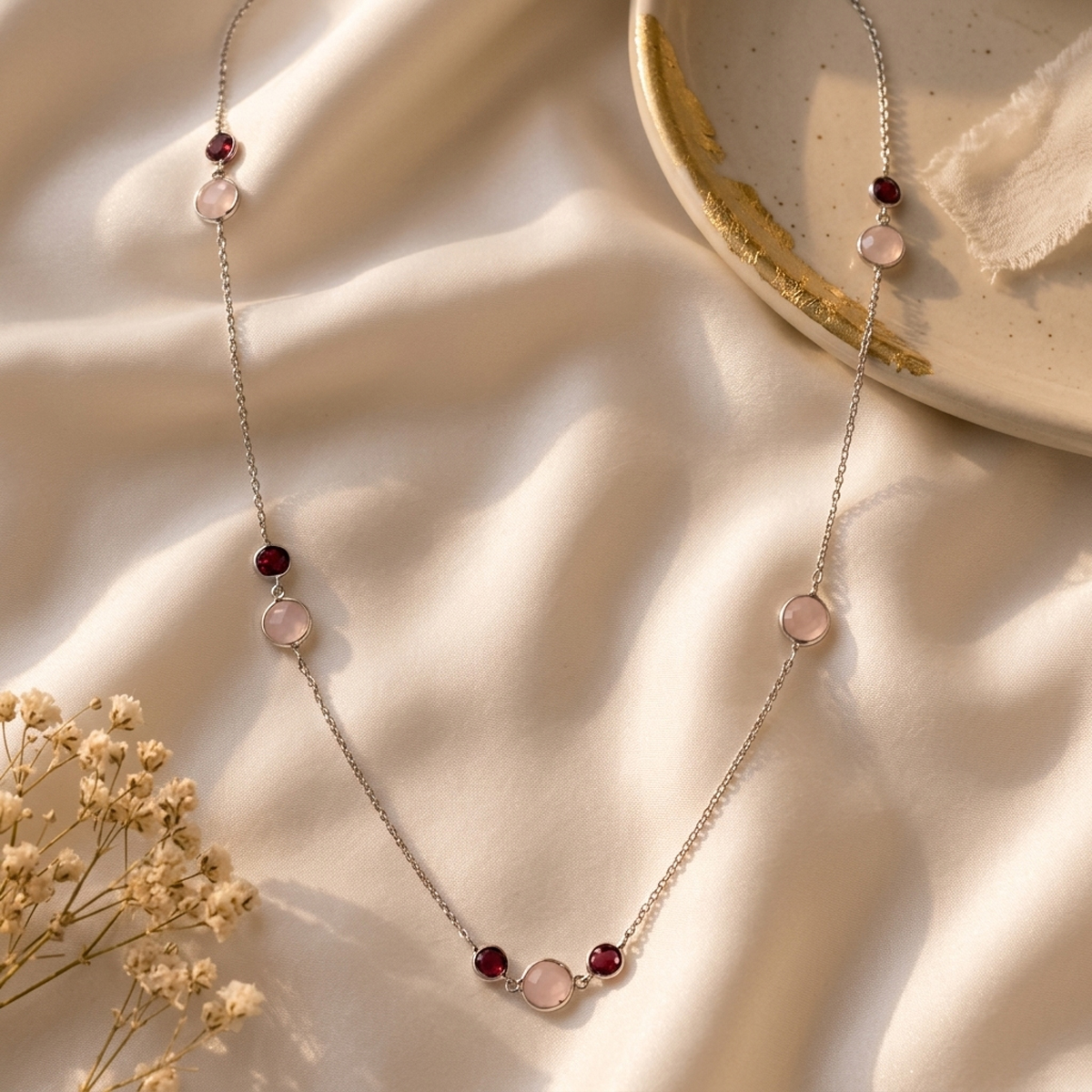 Rose Quartz & Garnet Coin Faceted Round Beads Necklace Silver-Shubhanjali Store (5) rose quartz & garnet coin faceted round beads necklace silver