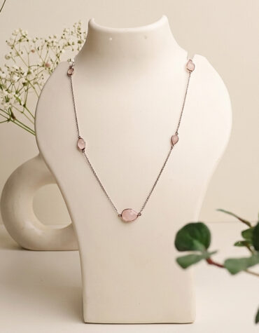 rose quartz oval faceted beads necklace silver