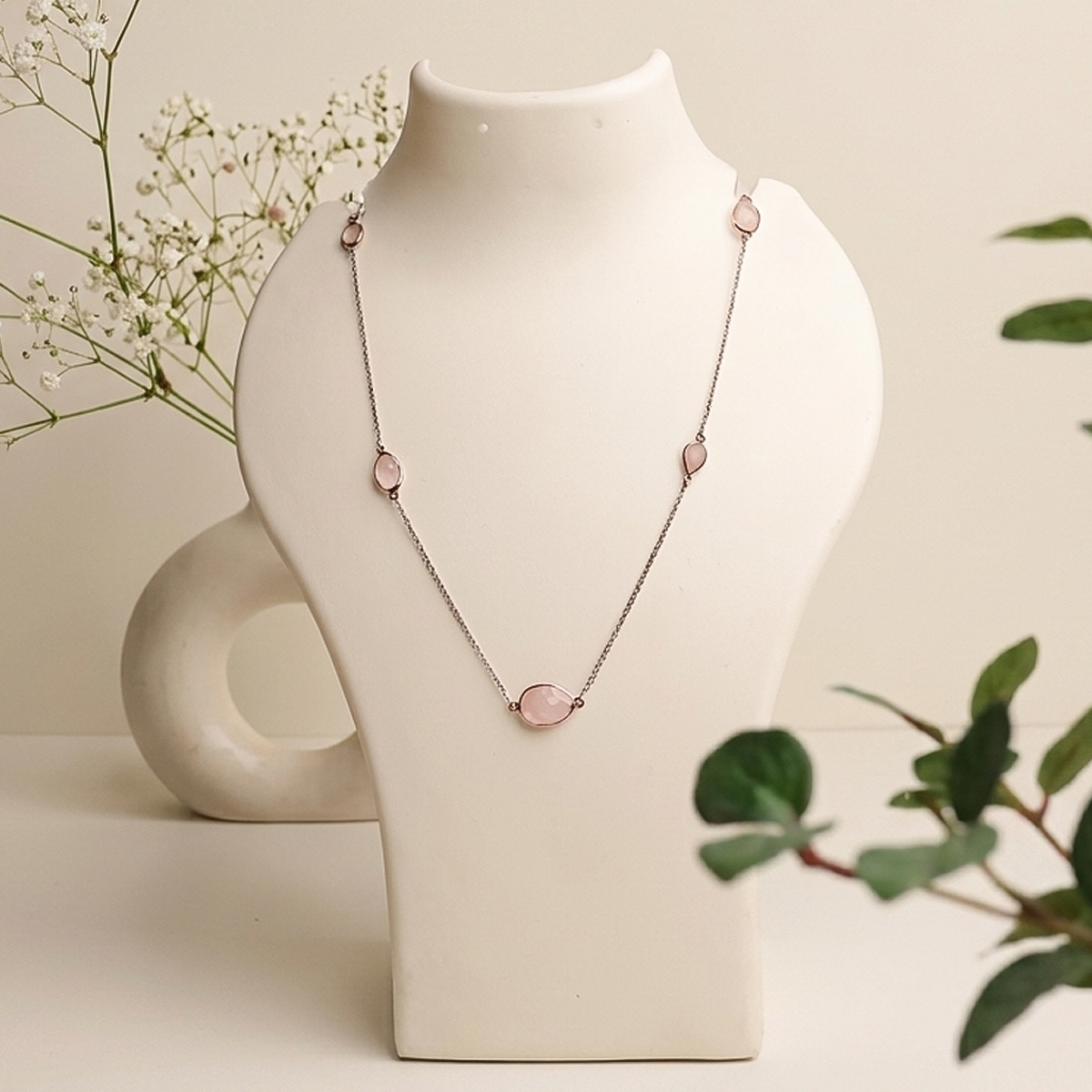 Rose Quartz Oval Faceted Beads Necklace Silver-Shubhanjali Store (2) rose quartz oval faceted beads necklace silver