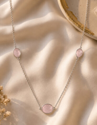 rose quartz oval faceted beads necklace silver