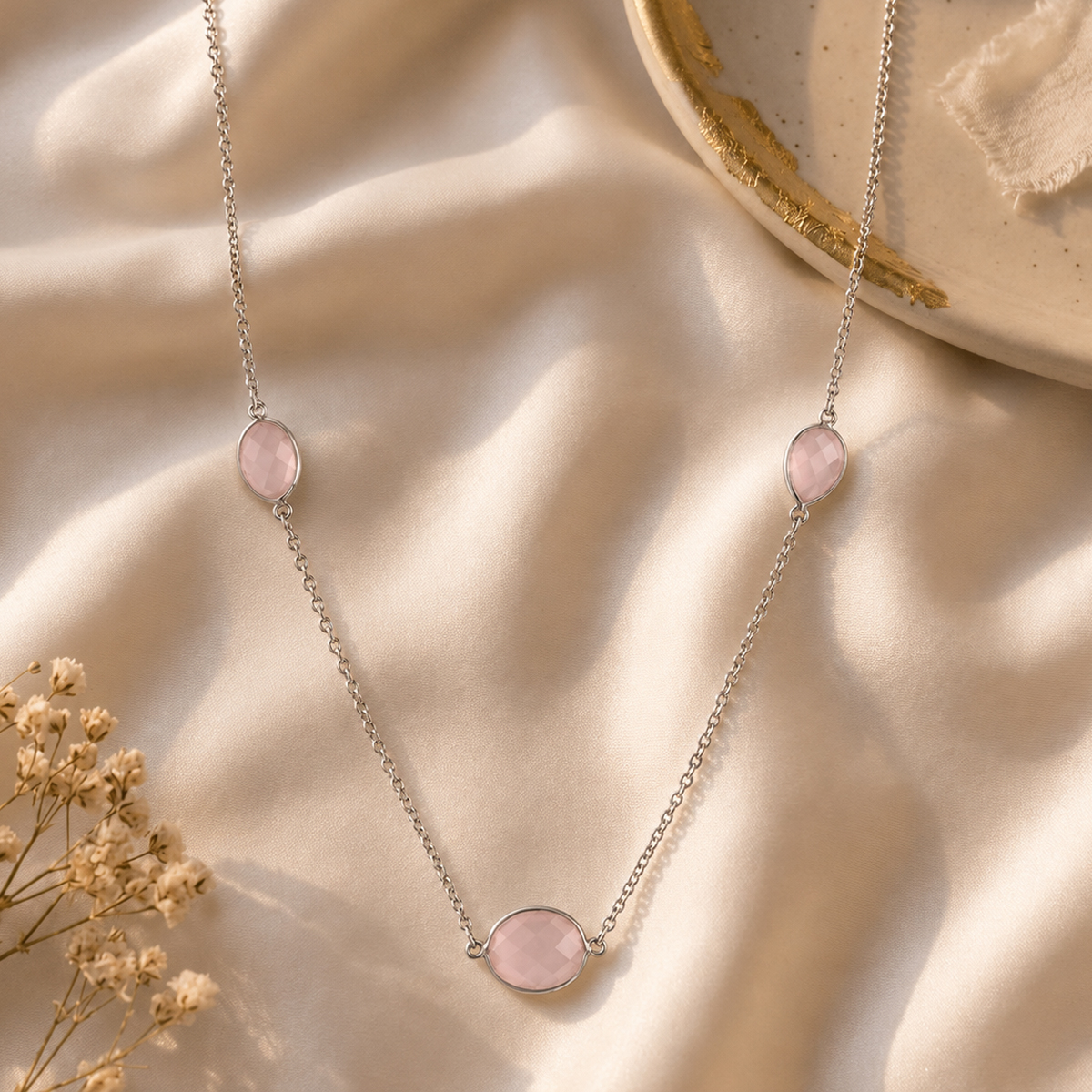 Rose Quartz Oval Faceted Beads Necklace Silver-Shubhanjali Store (3) rose quartz oval faceted beads necklace silver