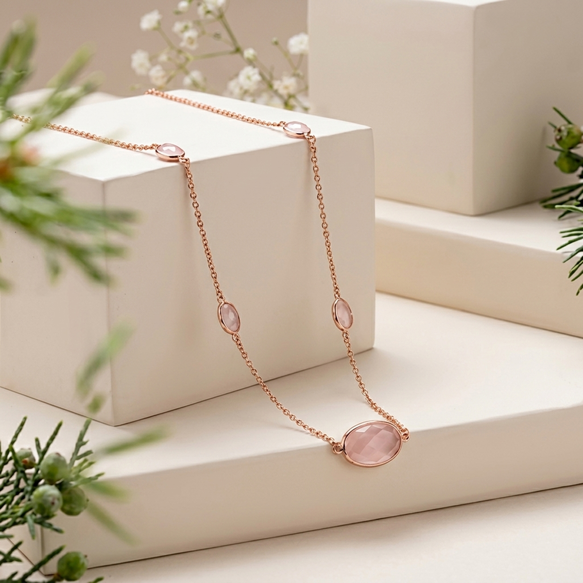Rose Quartz Oval Faceted Beads Necklace Silver-Shubhanjali Store (4) rose quartz oval faceted beads necklace silver