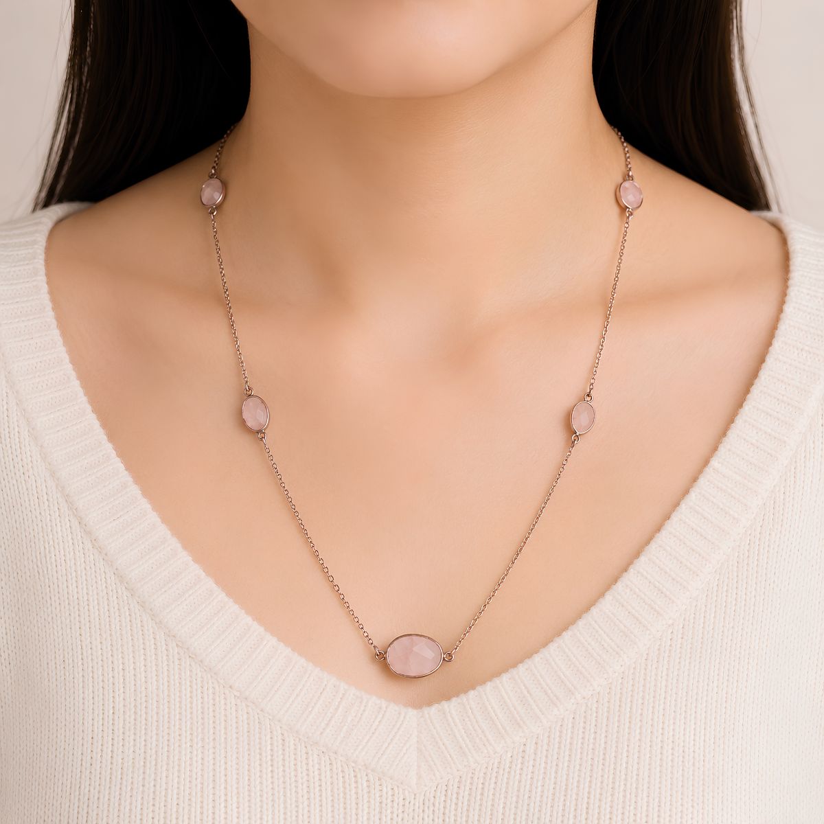 Rose Quartz Oval Faceted Beads Necklace Silver-Shubhanjali Store (5) rose quartz oval faceted beads necklace silver