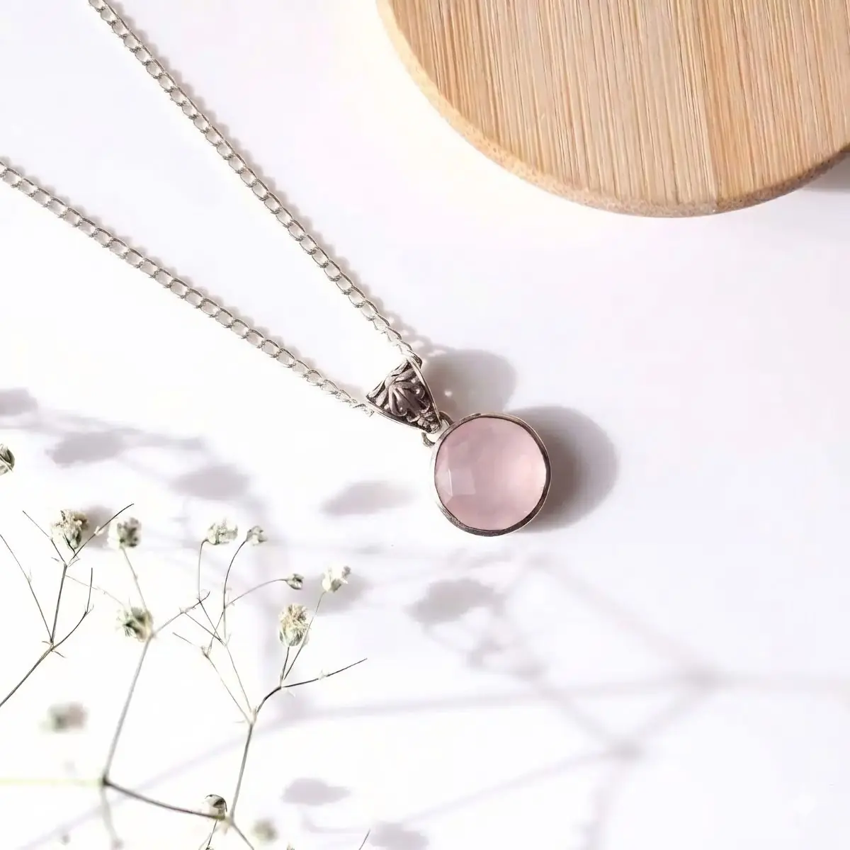 Rose Quartz Round Silver Pendant (1) rose quartz round silver pendant