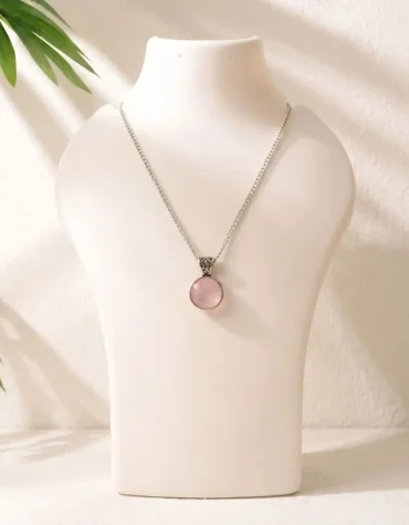 rose quartz round silver pendant