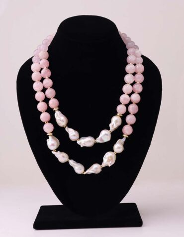 Strawberry Quartz With Pearl Long Knot Necklace-Shubhanjali Store