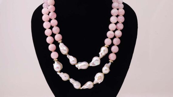 Strawberry Quartz With Pearl Long Knot Necklace