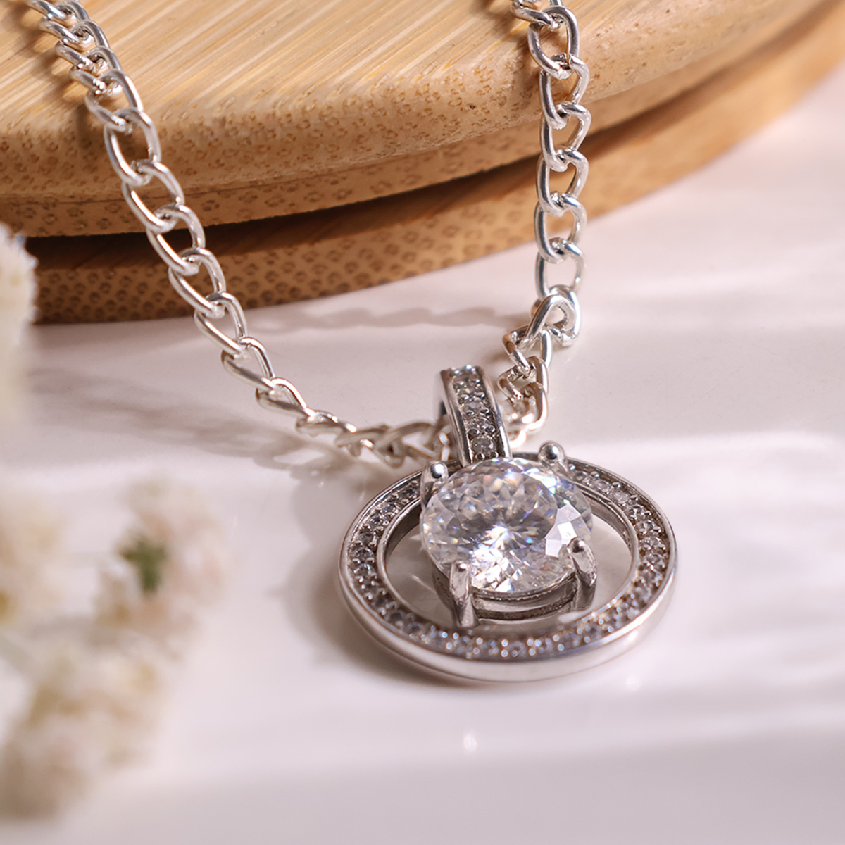 Zircon Round Pendant Silver-Shubhanjali Store (2) zircon round pendant silver