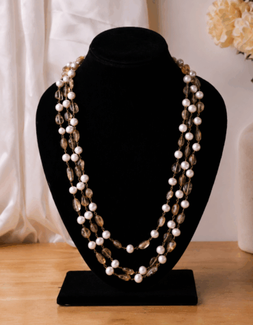 smokey quartz tumble & pearl 3 layer necklace