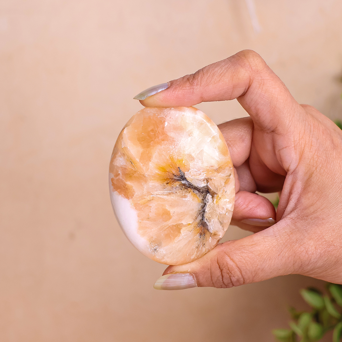 Scolecite With Stilbite Palm Stone (4) scolecite with stilbite palm stone