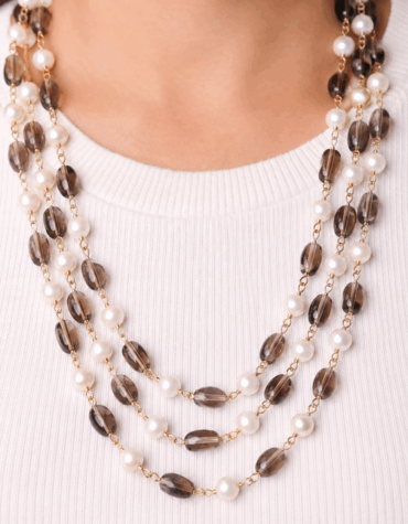 smokey quartz tumble & pearl 3 layer necklace
