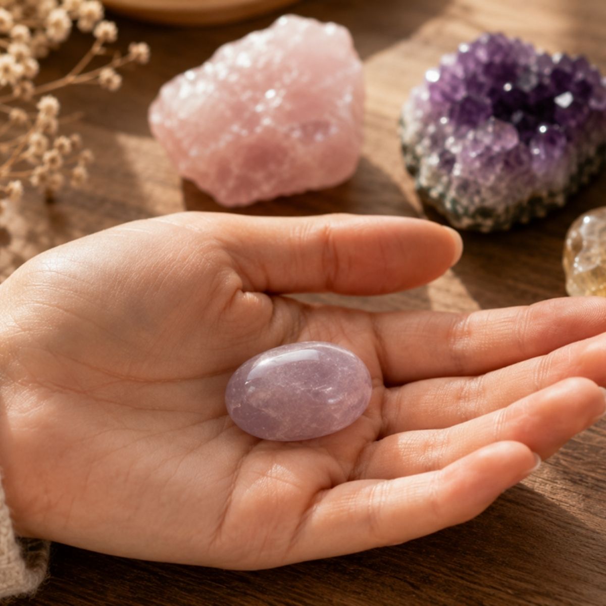 Hand holding tumbled healing crystal