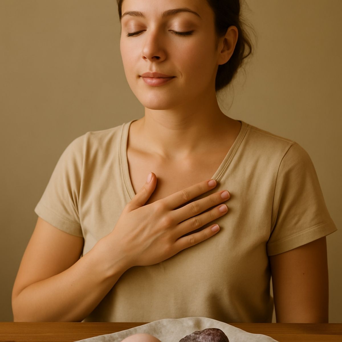 woman meditating with healing crystals