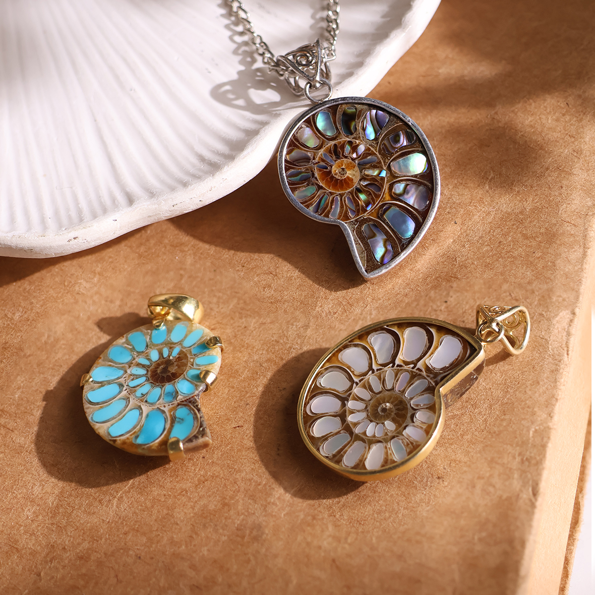 Ammonite Inlay Pendant Silver-Shubhanjali Store (10) ammonite inlay pendant silver