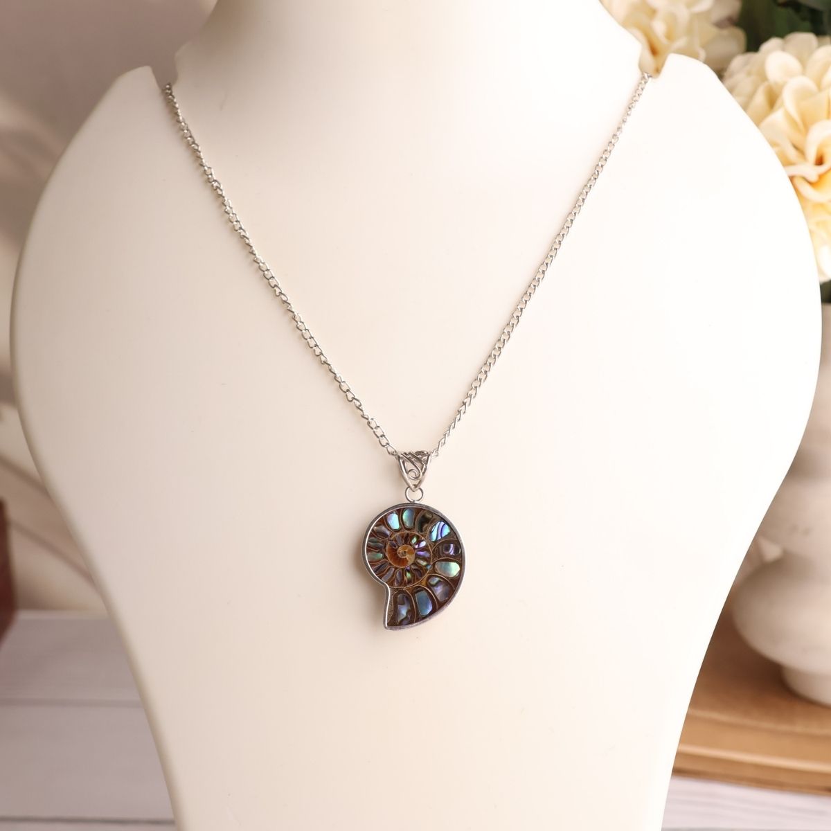Ammonite Inlay Pendant Silver-Shubhanjali Store (9) ammonite inlay pendant silver