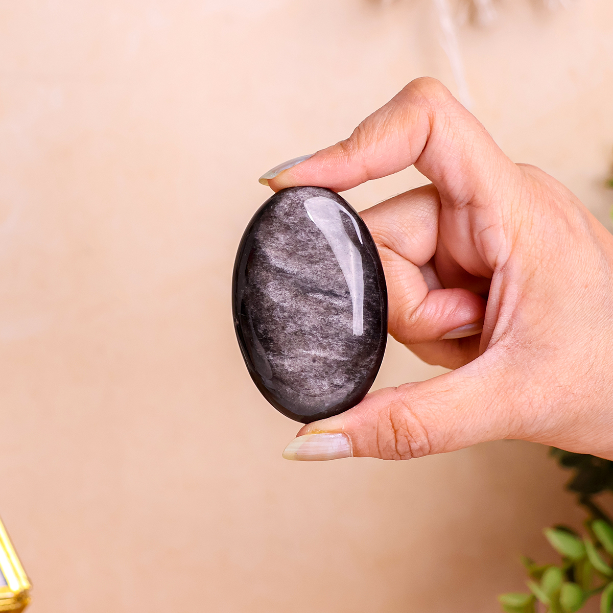 Silver Sheen Obsidian Palm Stone (4) silver sheen obsidian palm stone