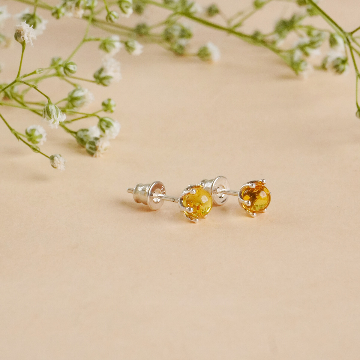 Amber Round Stud Earring Silver-Shubhanjali Store (1) amber round stud earring silver