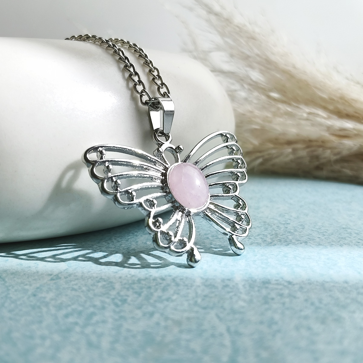 Rose Quartz Butterfly Oval Design Pendant-Shubhanjali Store (1) butterfly oval design pendant
