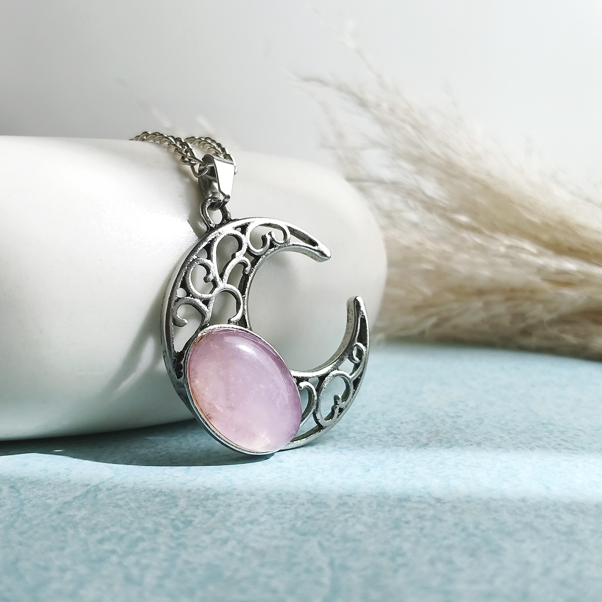 Rose Quartz Half Moon Oval Pendant-Shubhanjali Store (3) half moon oval pendant