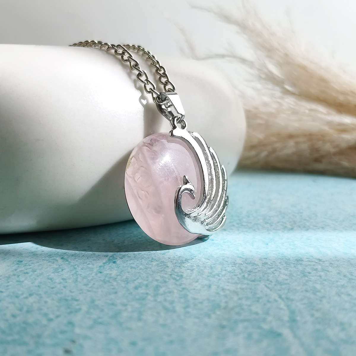Rose Quartz Peacock Round Design Pendant-Shubhanjali Store (3) peacock round design pendant