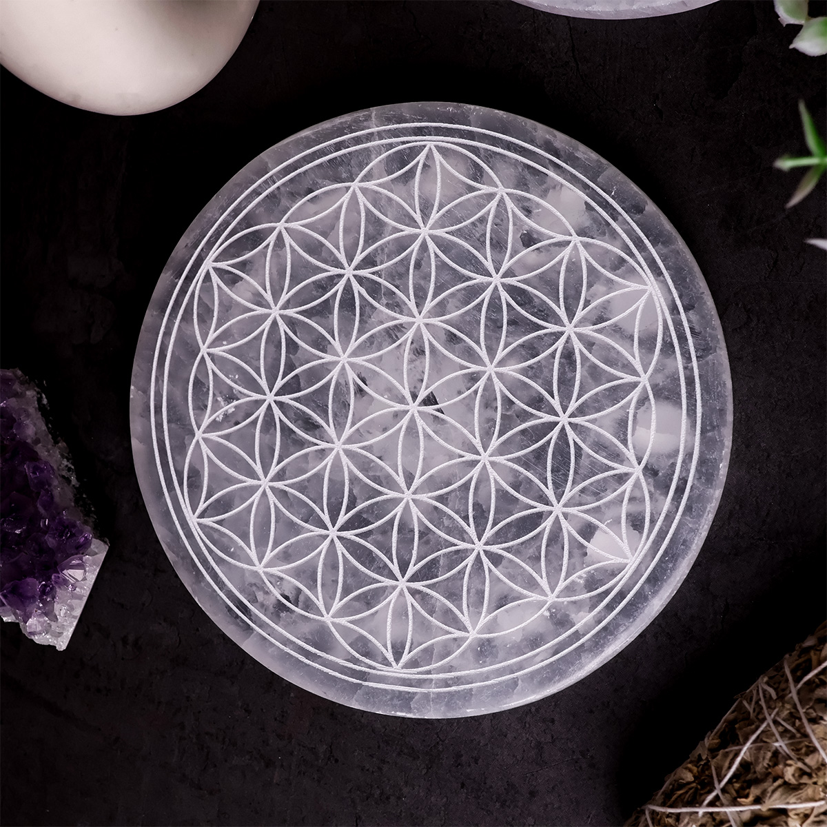 Flower of Life Selenite Plate-Shubhanjali Store (1) flower of life selenite plate